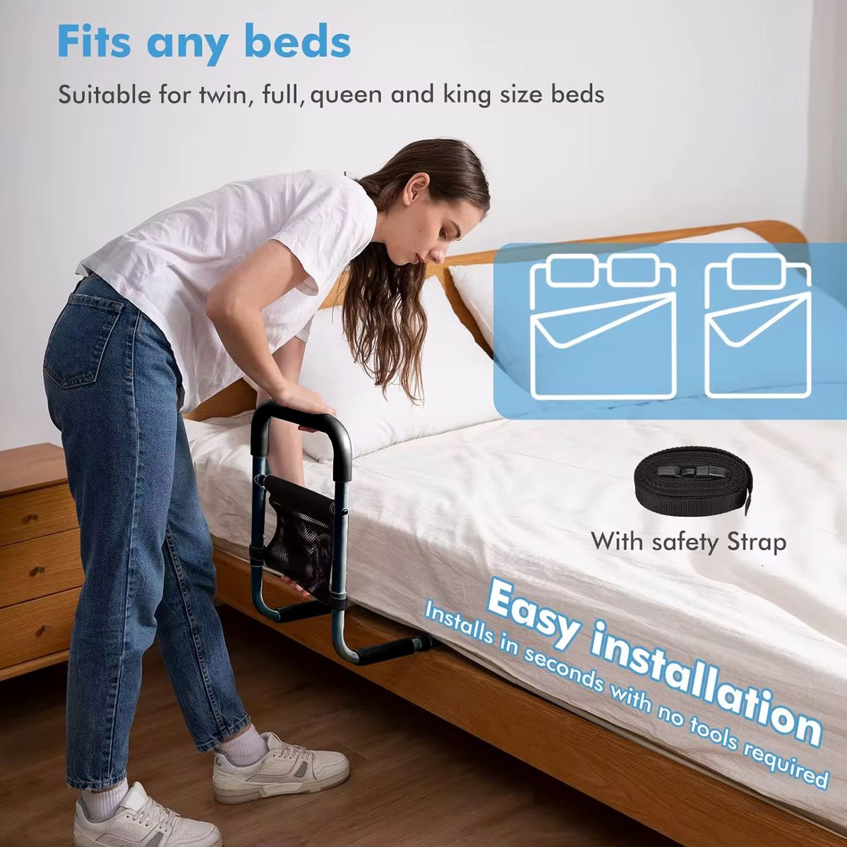 Pigna Bed Side Assist Rail for Elderly Adults - Adjustable & Storage Bag